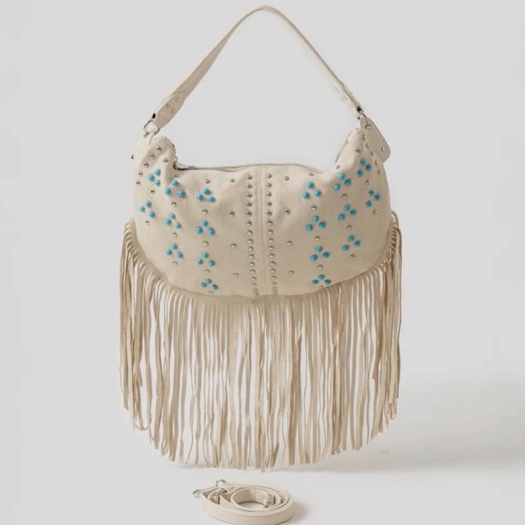 Dianas Chic & Western Handbags - Elegant Cream and Blue Fringed Shoulder Bag